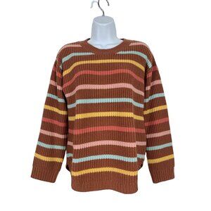 Striped Multicolor Ribbed Knit Sweater Brown Yellow Pink Blue Round Neck Medium